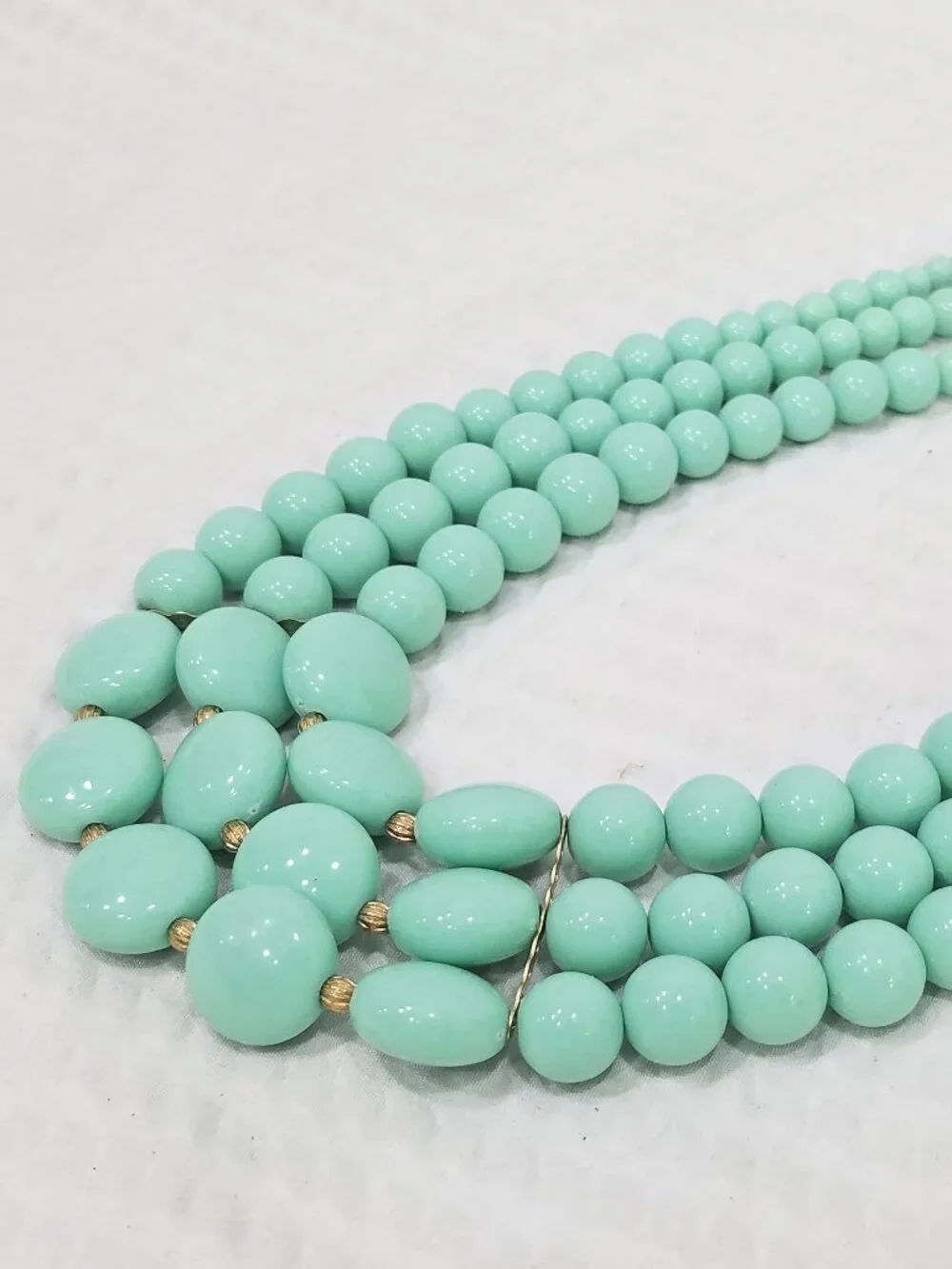 Vintage Acrylic Aqua Green & Gold Tone Graduated in Size Multi Strand Necklace